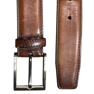Magnanni Leather Dress Belt Rich Brown Silver Rectangular Buckle Classic Stitch